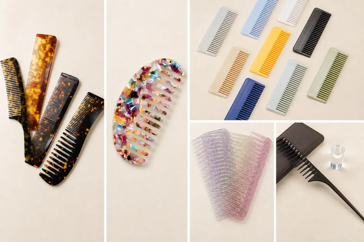 Five-panel comparison of patterned cellulose acetate combs and solid or transparent injection-molded plastic combs