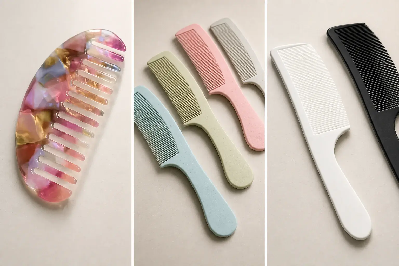 Sheet-pattern acetate comb beside pastel and black-and-white injection-molded plastic combs