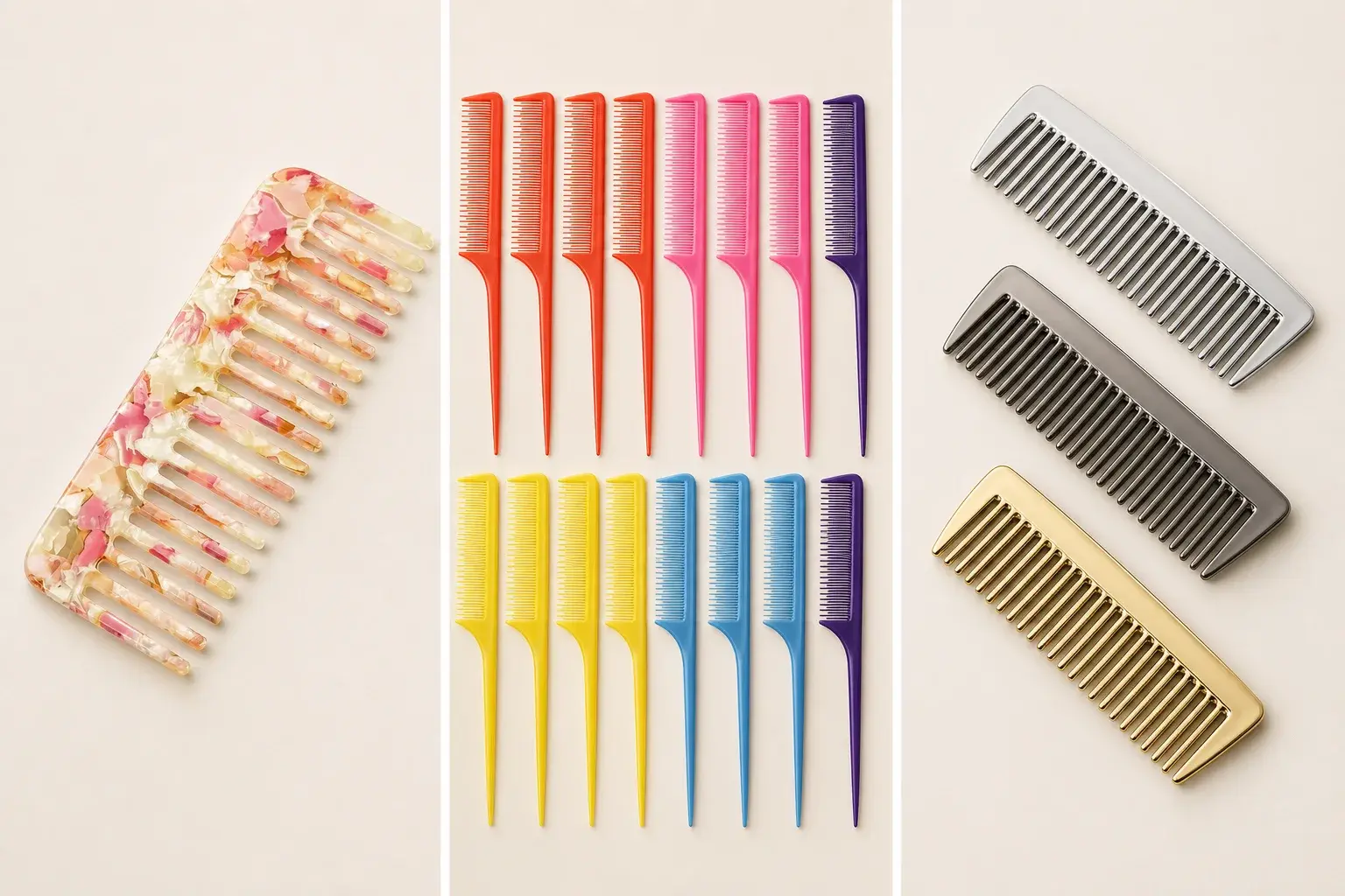 Patterned acetate comb compared with colored and metallic-finish molded combs