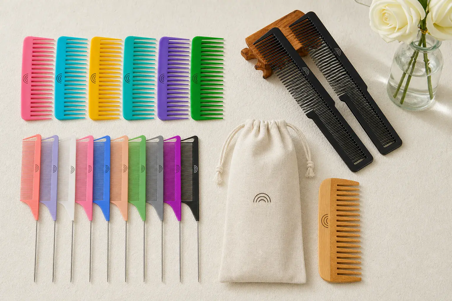 Logo placement and print quality review across plastic, bamboo and wood combs