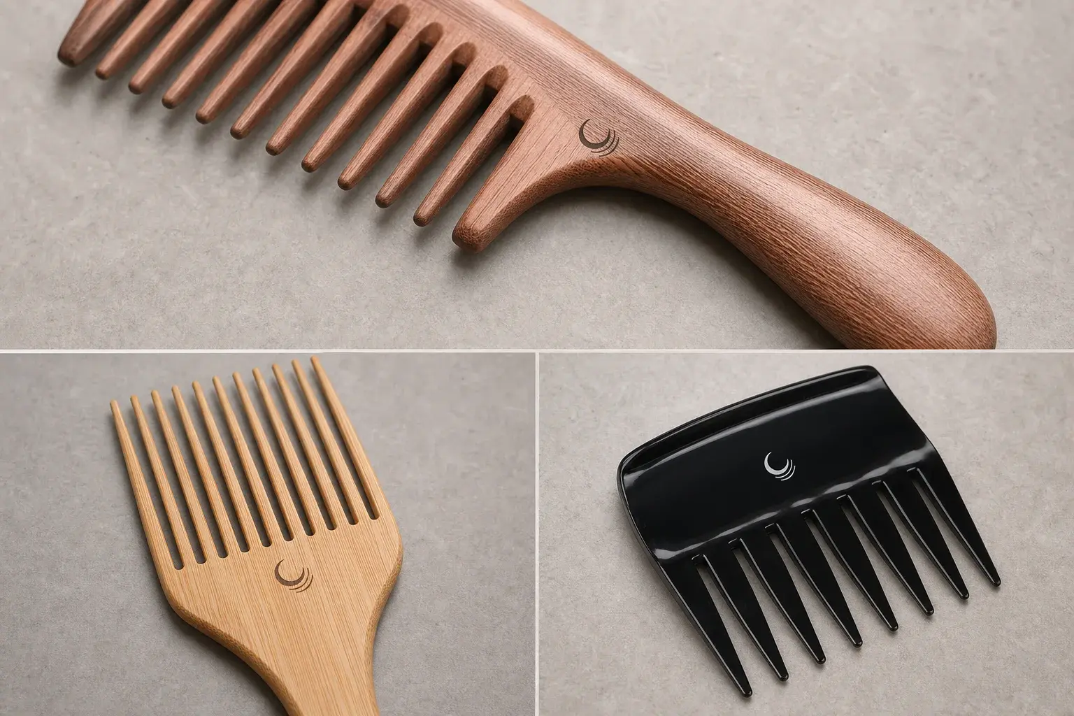 Close views of engraved wood and bamboo logos beside a printed logo on black plastic