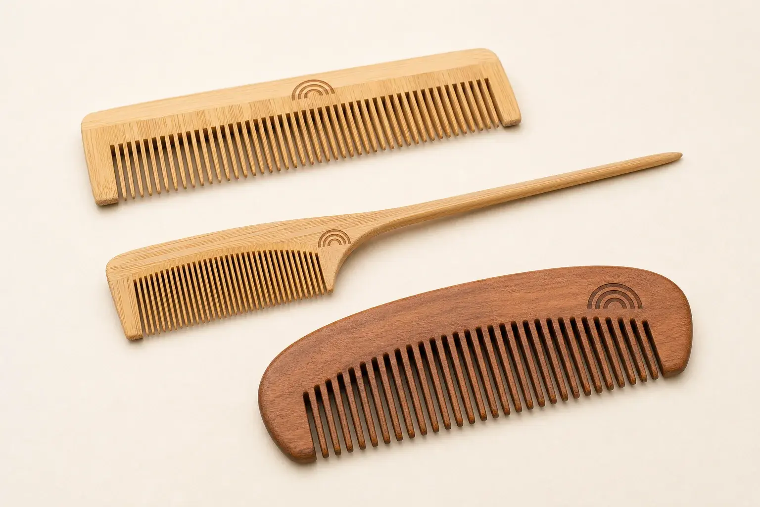 Engraved marks showing different contrast on bamboo and wooden combs