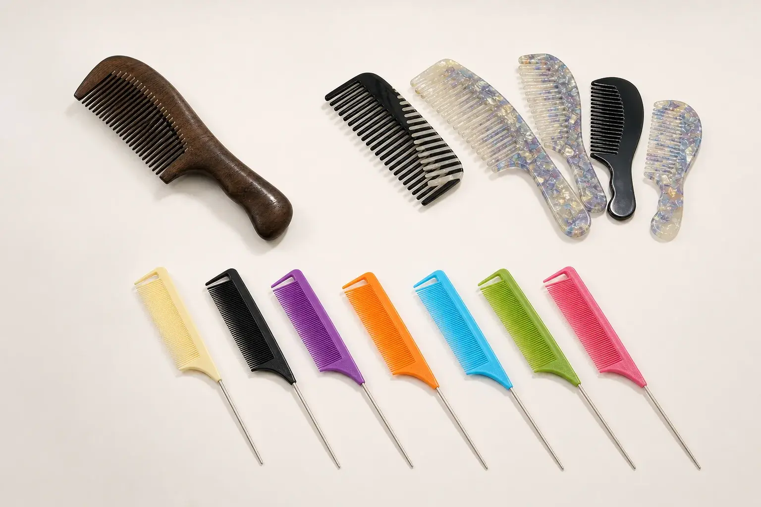 Wood, cellulose acetate, and plastic combs with different tooth geometry