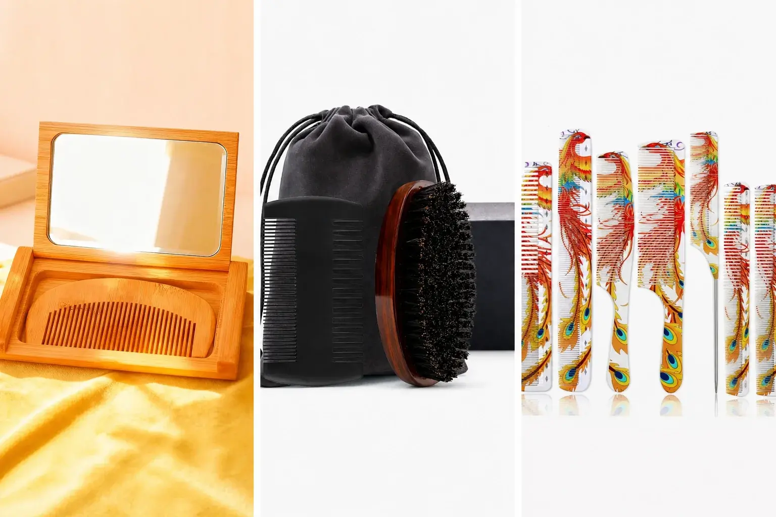 Comb and mirror case, boxed grooming set, and printed comb assortment showing branding and packaging scope