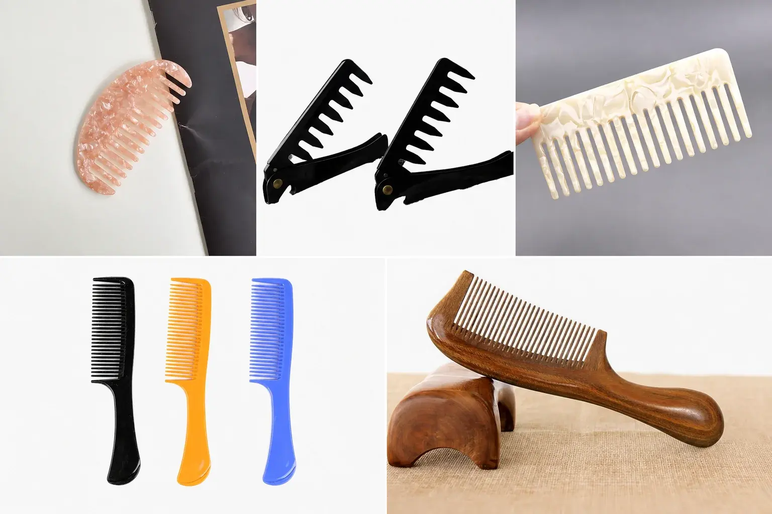 Collage of acetate, folding, plastic, and wooden comb options for supplier quote comparison