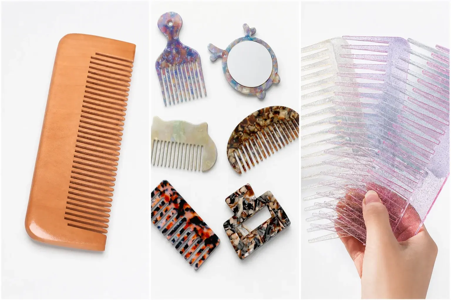 Wooden, patterned acetate, and transparent plastic comb samples showing different quoted material scopes
