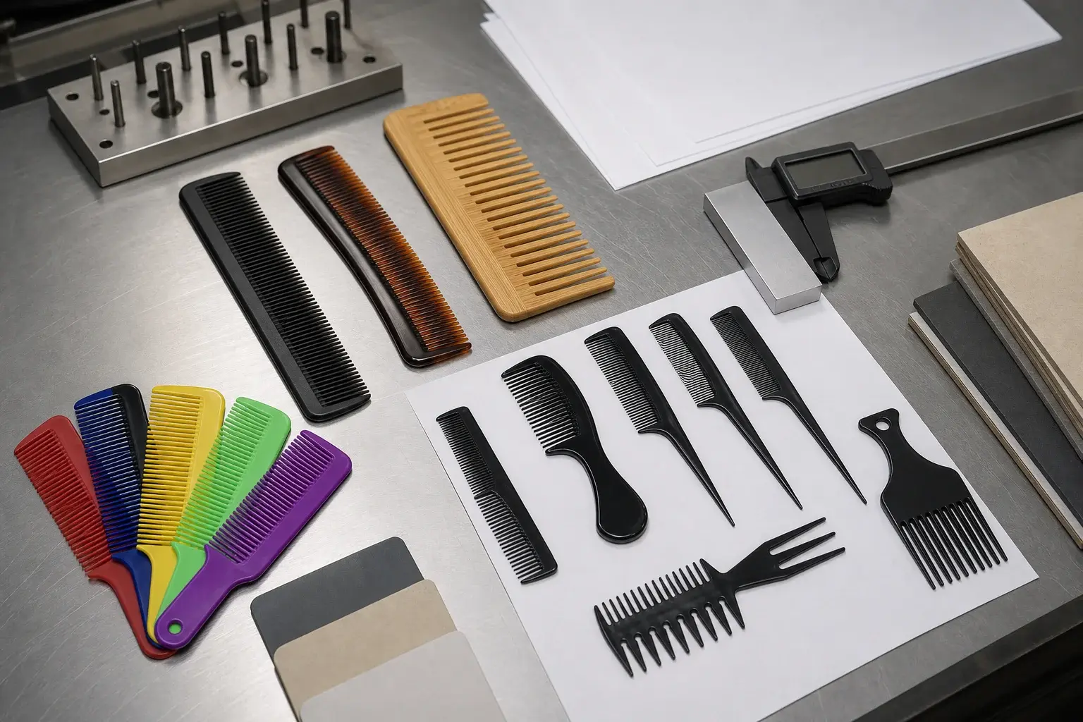 Plastic, bamboo and acetate comb formats arranged with blank quality-control references for dimension review