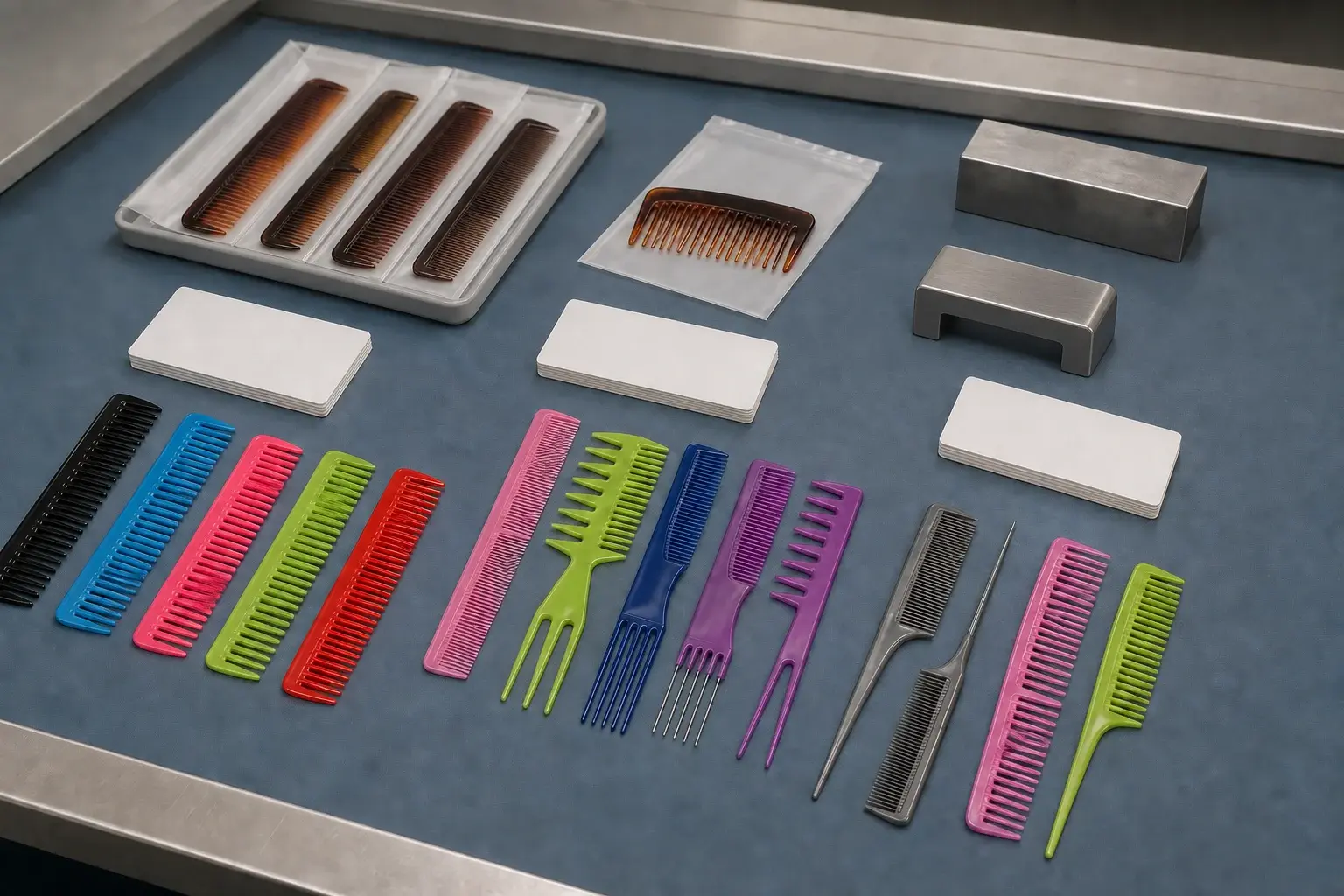 Assorted comb samples arranged with blank inspection cards and metal checking fixtures