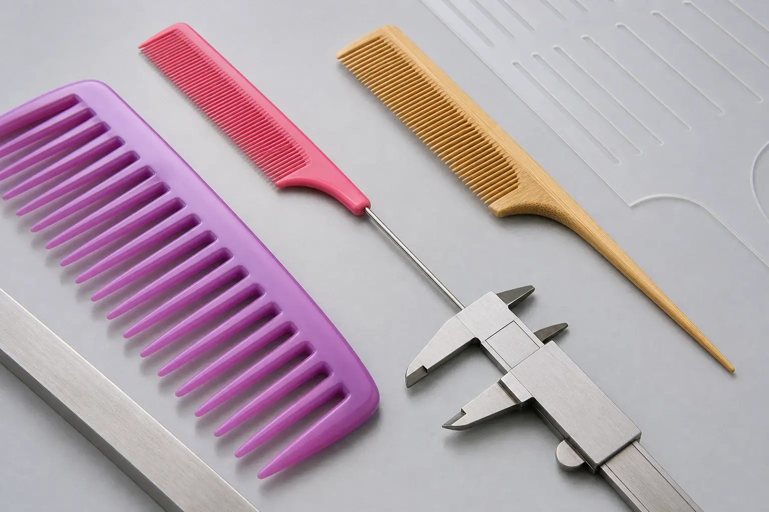 Wide-tooth, plastic tail and bamboo fine-tooth combs compared with a caliper and clear profile templates