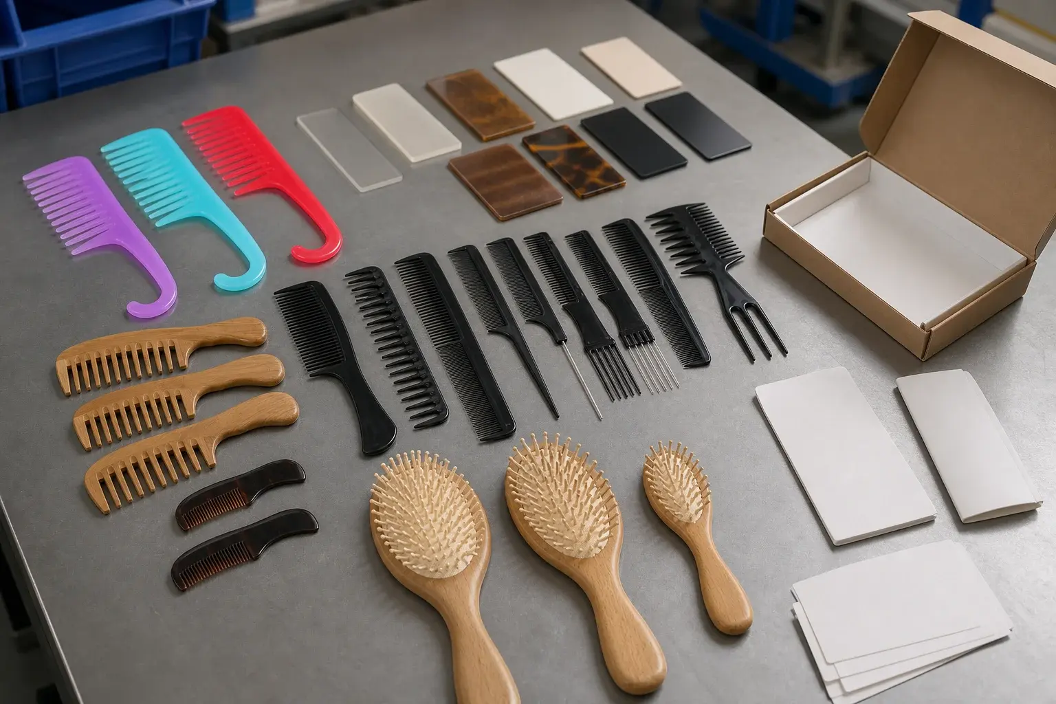 Plastic, wood and acetate comb samples reviewed with blank packaging and material references