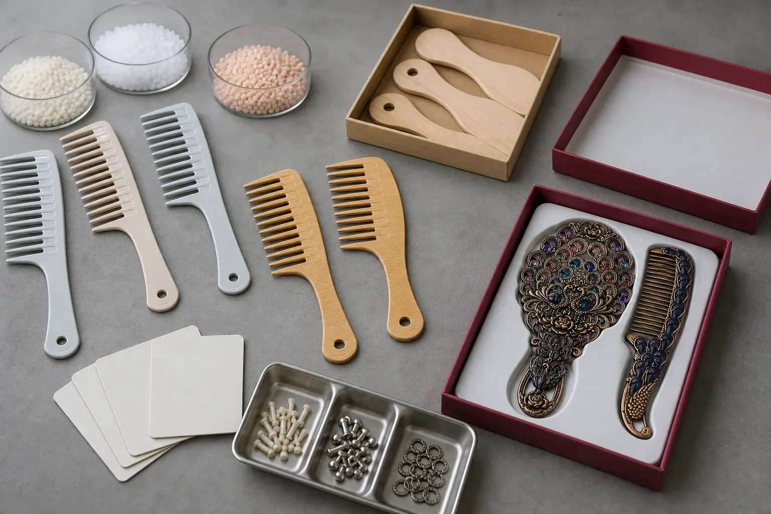 Plastic resin, molded combs, bamboo combs, gift boxes and small assembly parts arranged for scope review