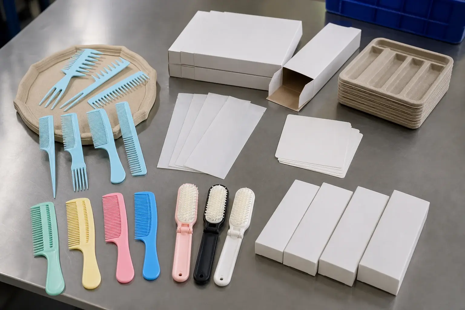 Multiple comb colors and folding versions arranged with sleeves, boxes, cards and molded inserts