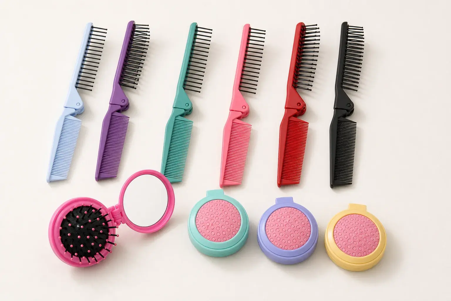 Folding comb and compact brush versions showing pivots, brush pads, and mirror components