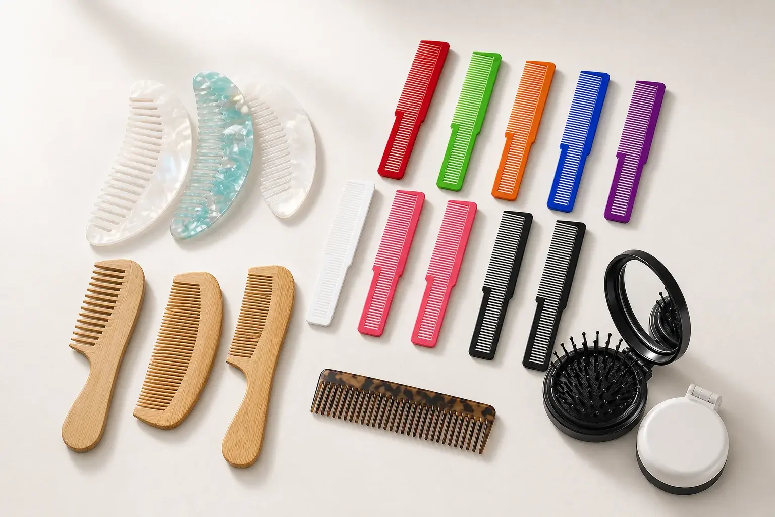 Custom comb product versions in acetate, plastic, bamboo, and compact formats
