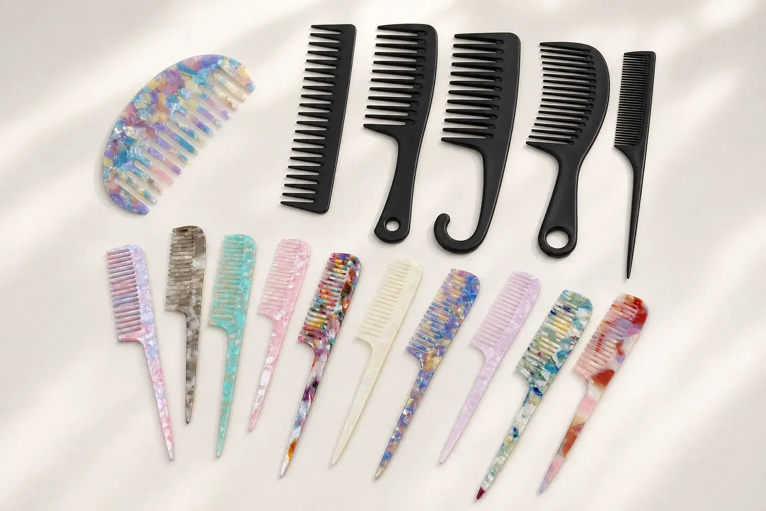 Different comb colors, materials, and shapes arranged to compare sample identity and product versions