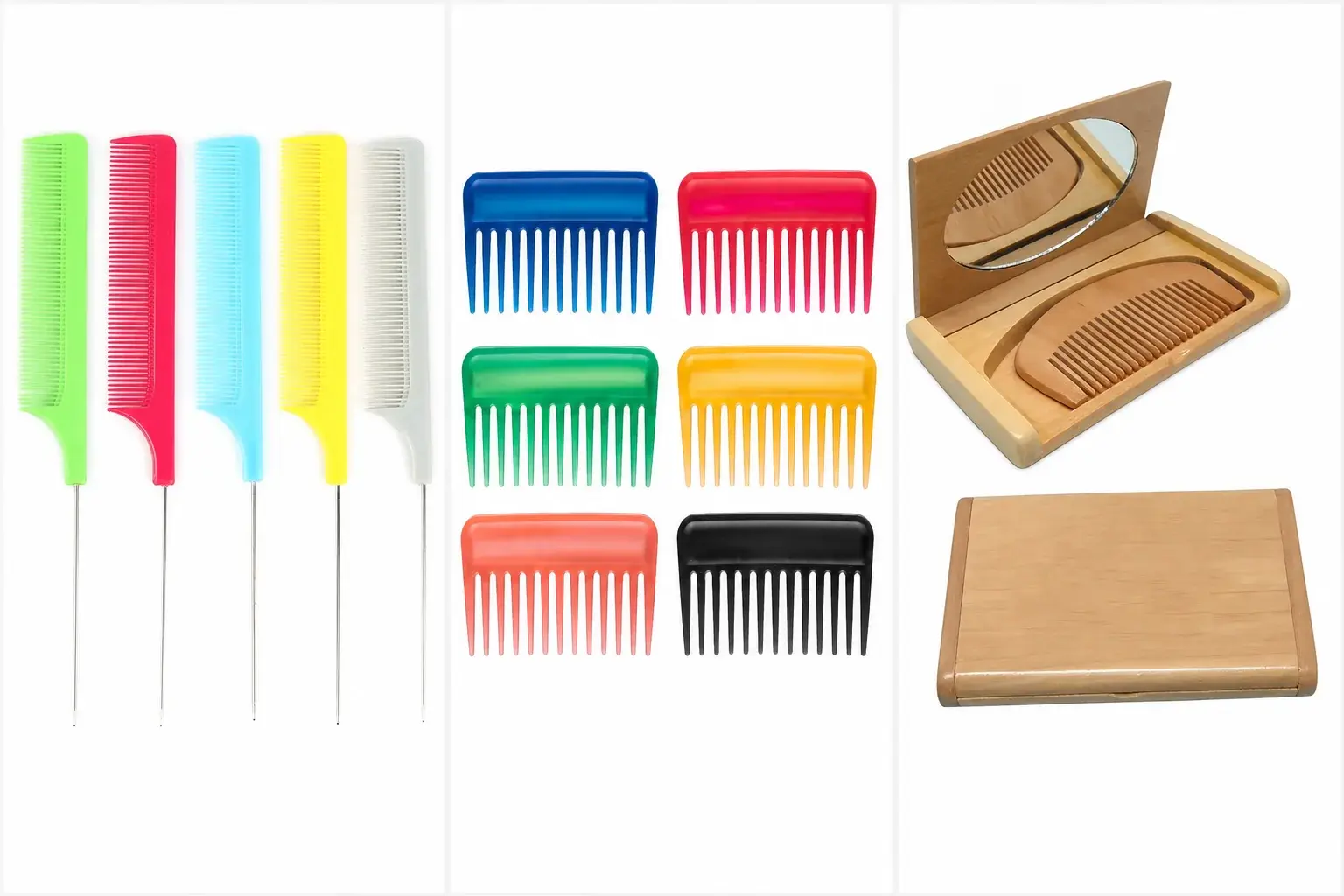 Comb examples showing multiple color versions, compact hotel combs and a wooden comb mirror case