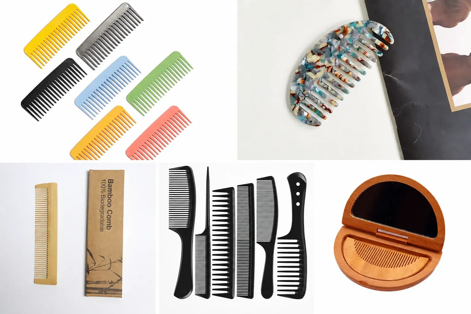 Real custom comb examples showing different materials, colors, product structures and packaging
