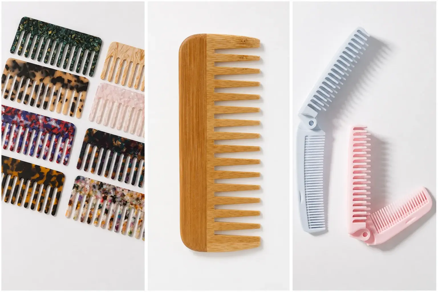 Real acetate, bamboo and folding plastic comb photos showing different material and structure choices