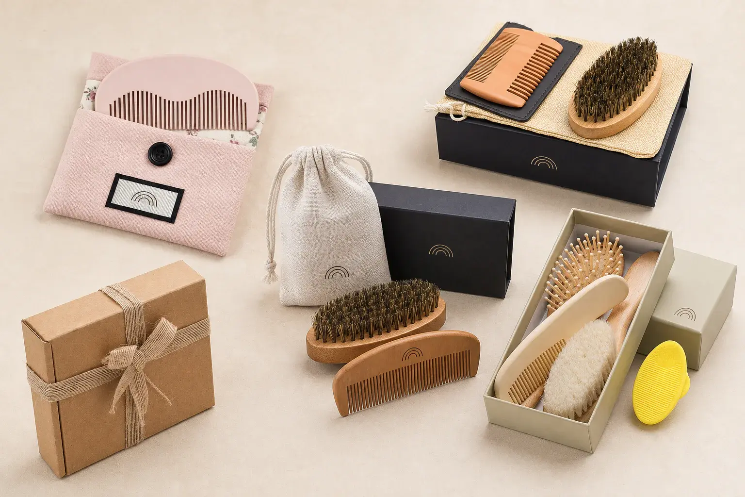 Custom comb packaging formats including pouches, gift boxes and fitted sets