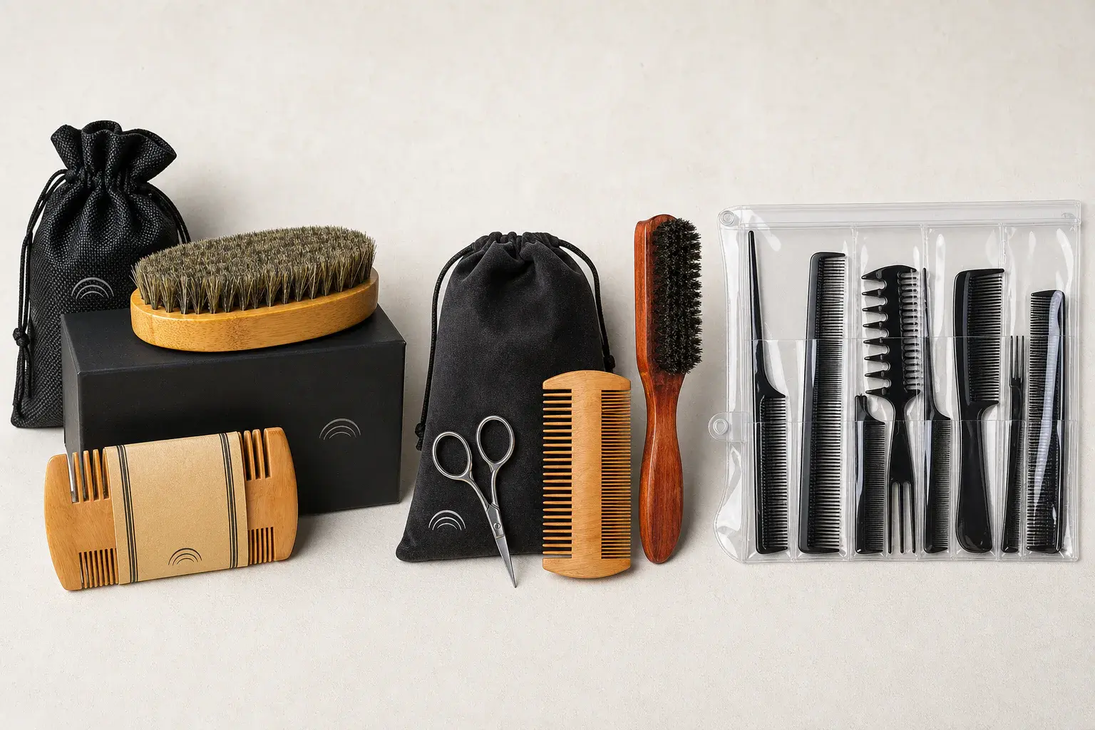 Comb packaging levels shown through branded boxes, drawstring bags and a clear fitted case