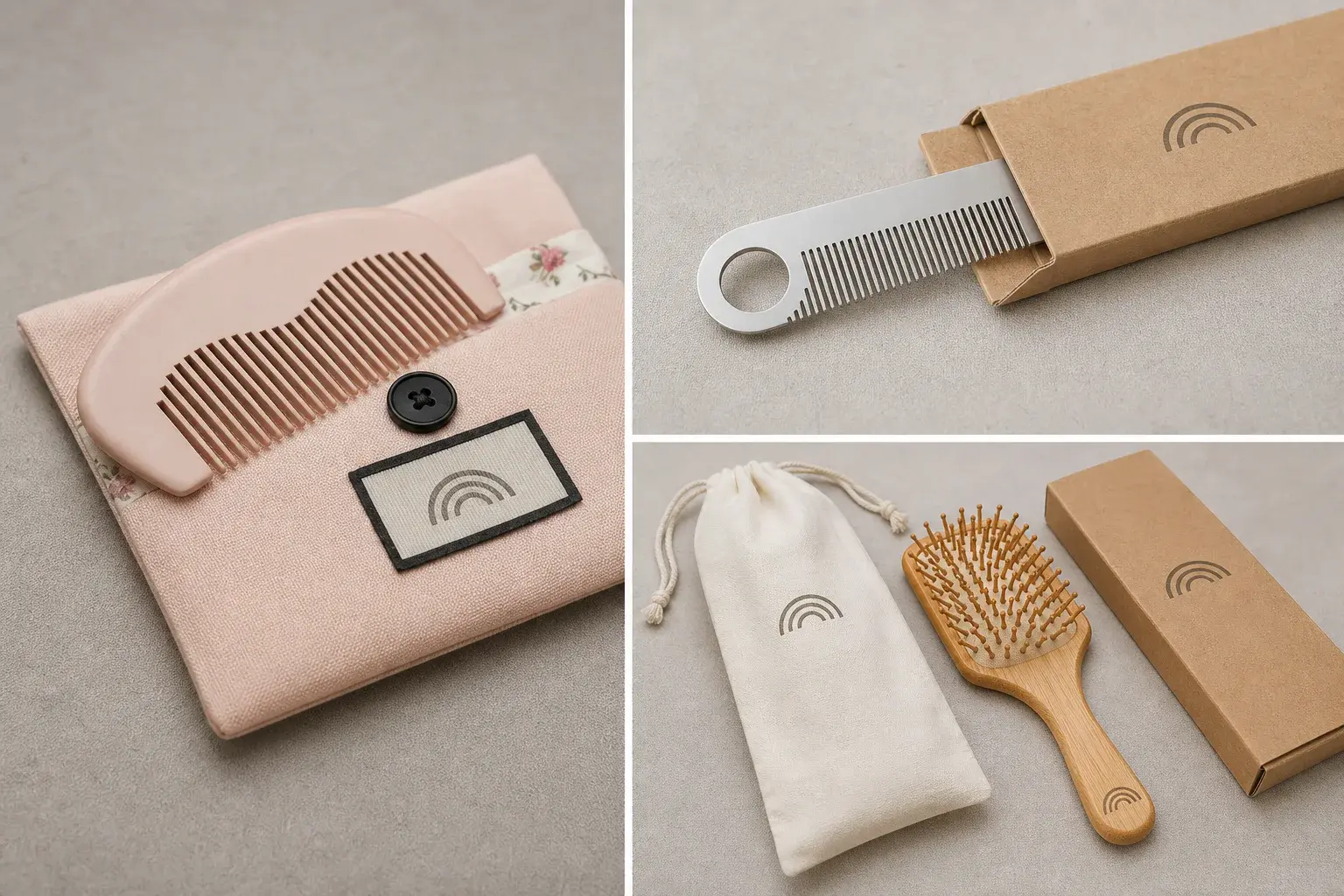 Comb fit and orientation compared in a fabric sleeve, paper sleeve, pouch and kraft box