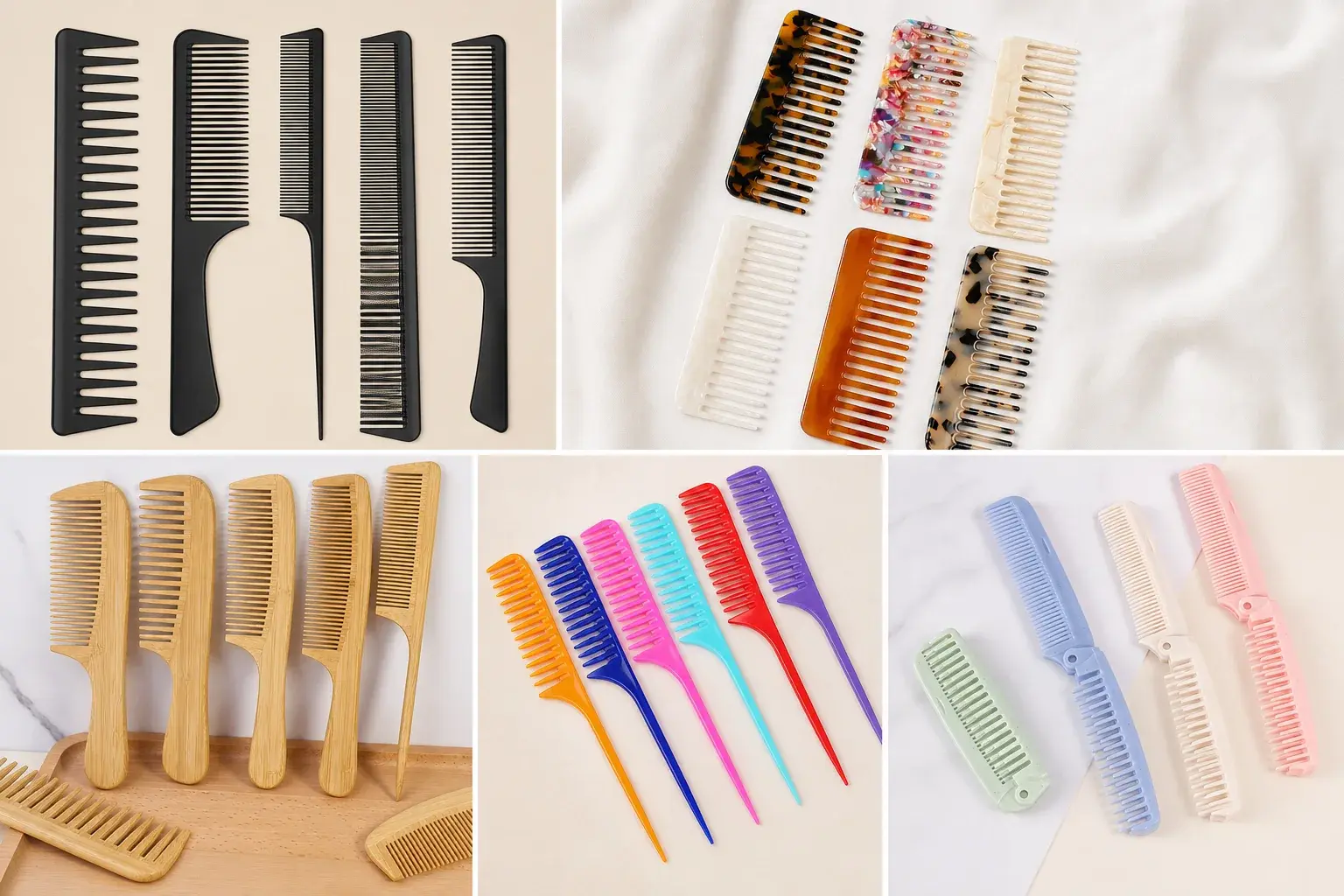 Collage of plastic, acetate, bamboo, tail, and folding combs prepared for quality inspection