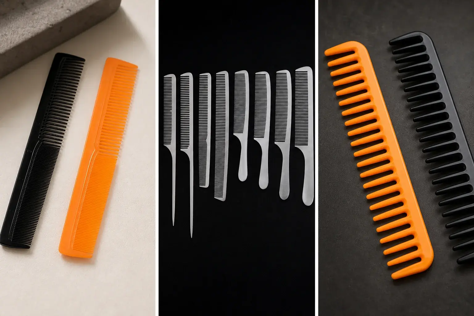 Fine-tooth, metal, and wide-tooth comb profiles displayed for geometry and edge inspection