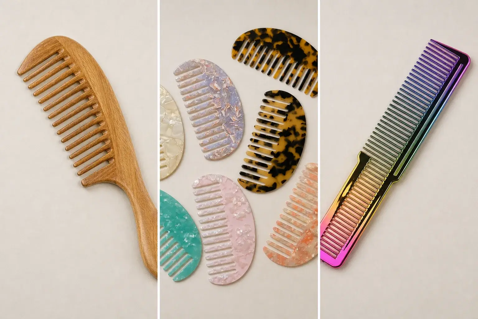 Wood grain, patterned acetate, and electroplated comb surfaces shown for incoming material inspection