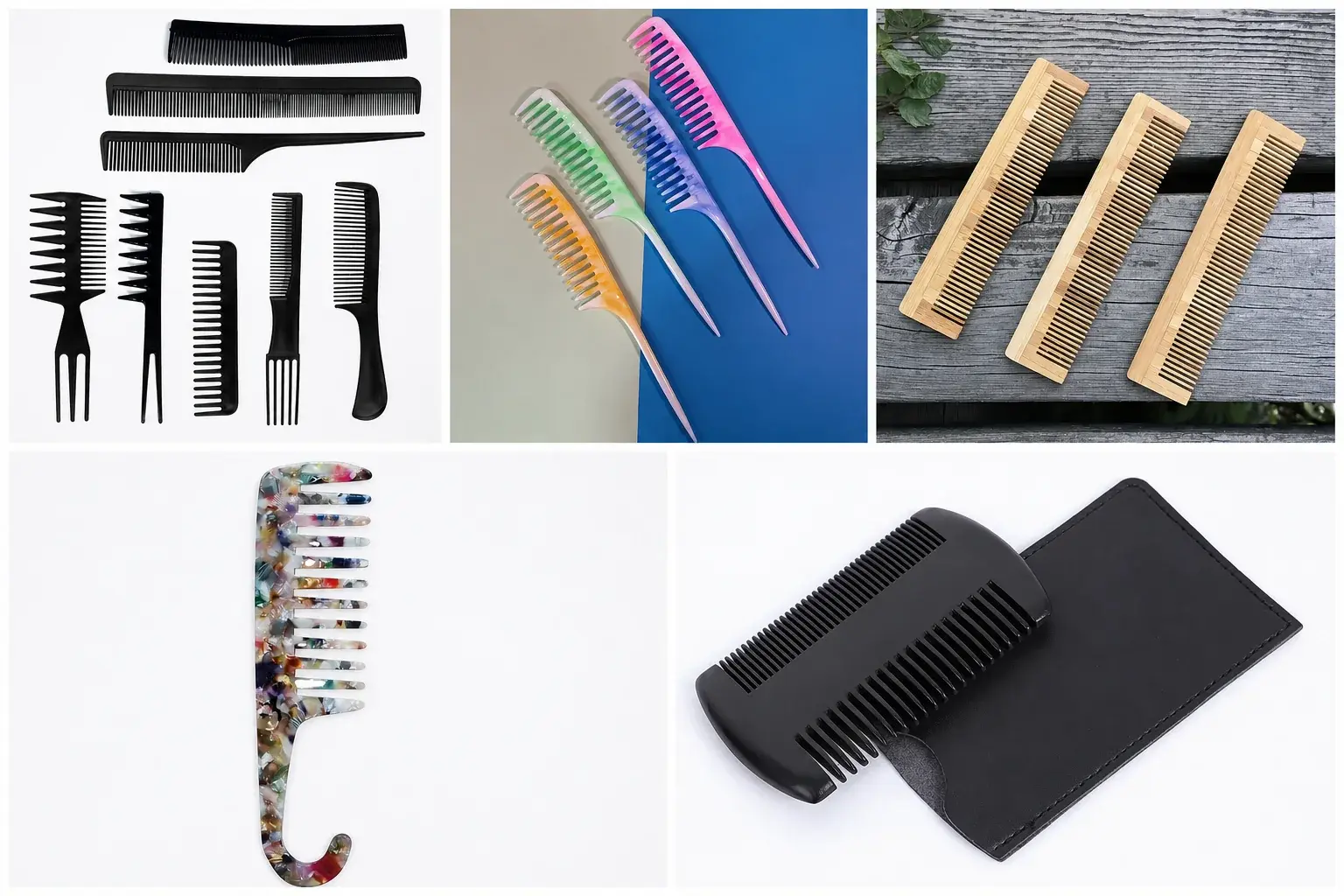 Collage of plastic, acetate, bamboo, and pocket comb samples for approval
