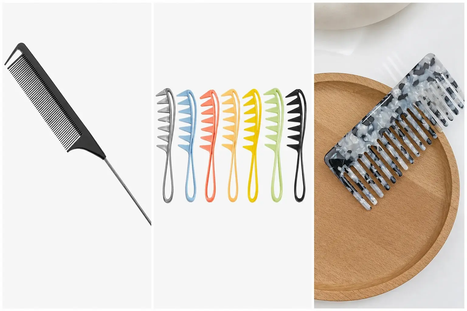 Rat-tail, loop-handle, and acetate comb samples for checking teeth, edges, and surface finish