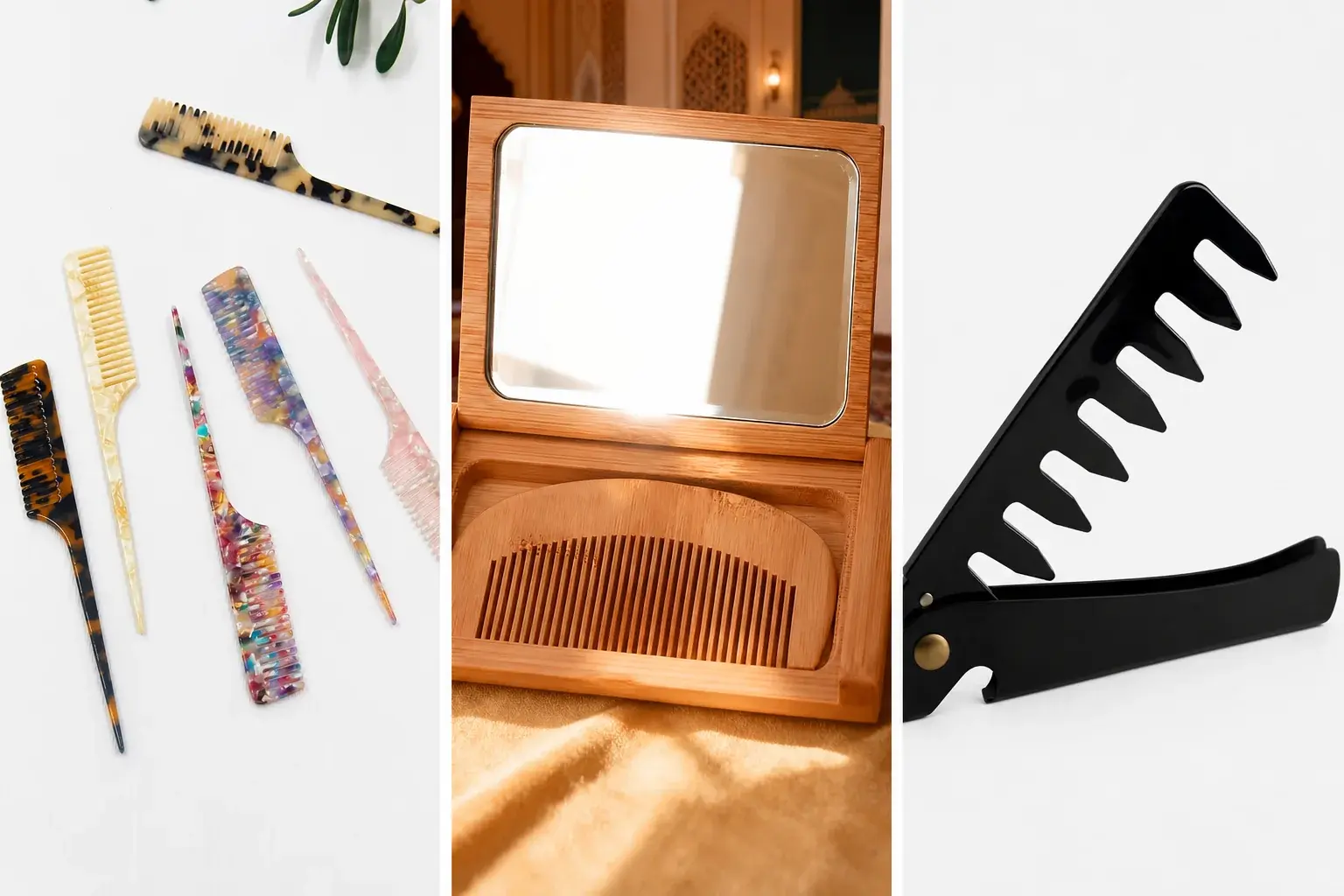 Acetate combs, a bamboo comb and mirror set, and a folding comb showing different sample constructions