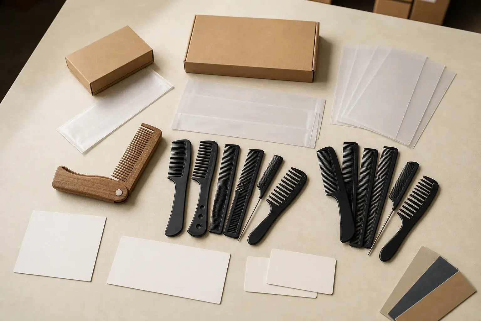 Wood and black comb samples arranged with blank artwork cards, sleeves and kraft boxes