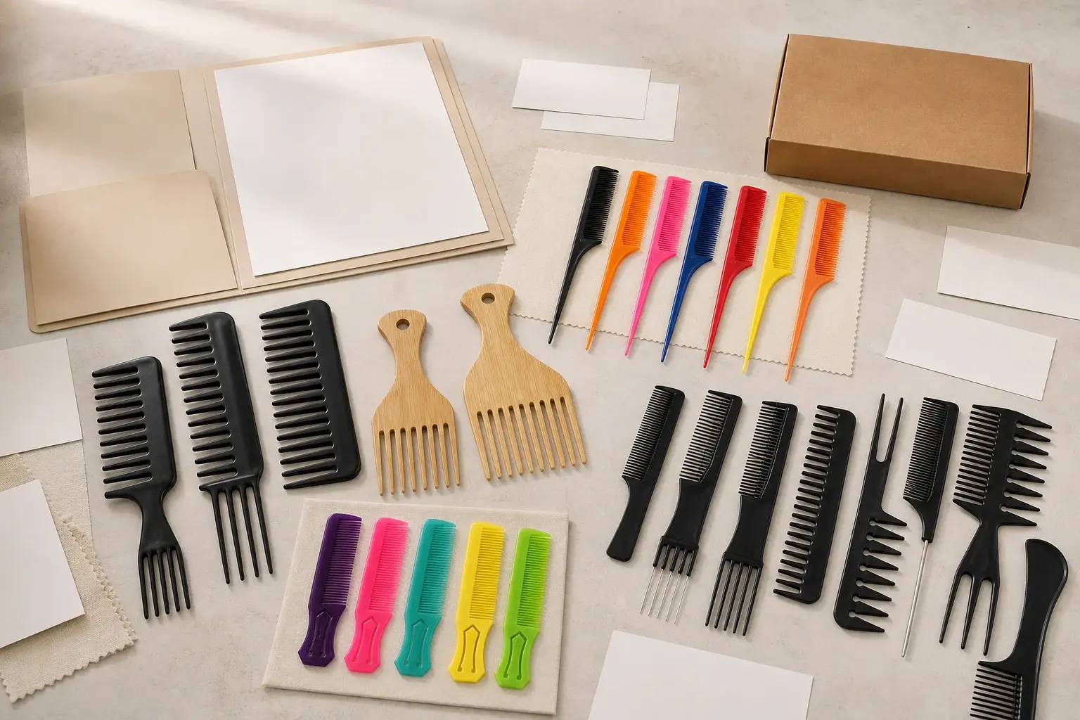 Varied comb samples, blank specifications, and packaging arranged for a sourcing review