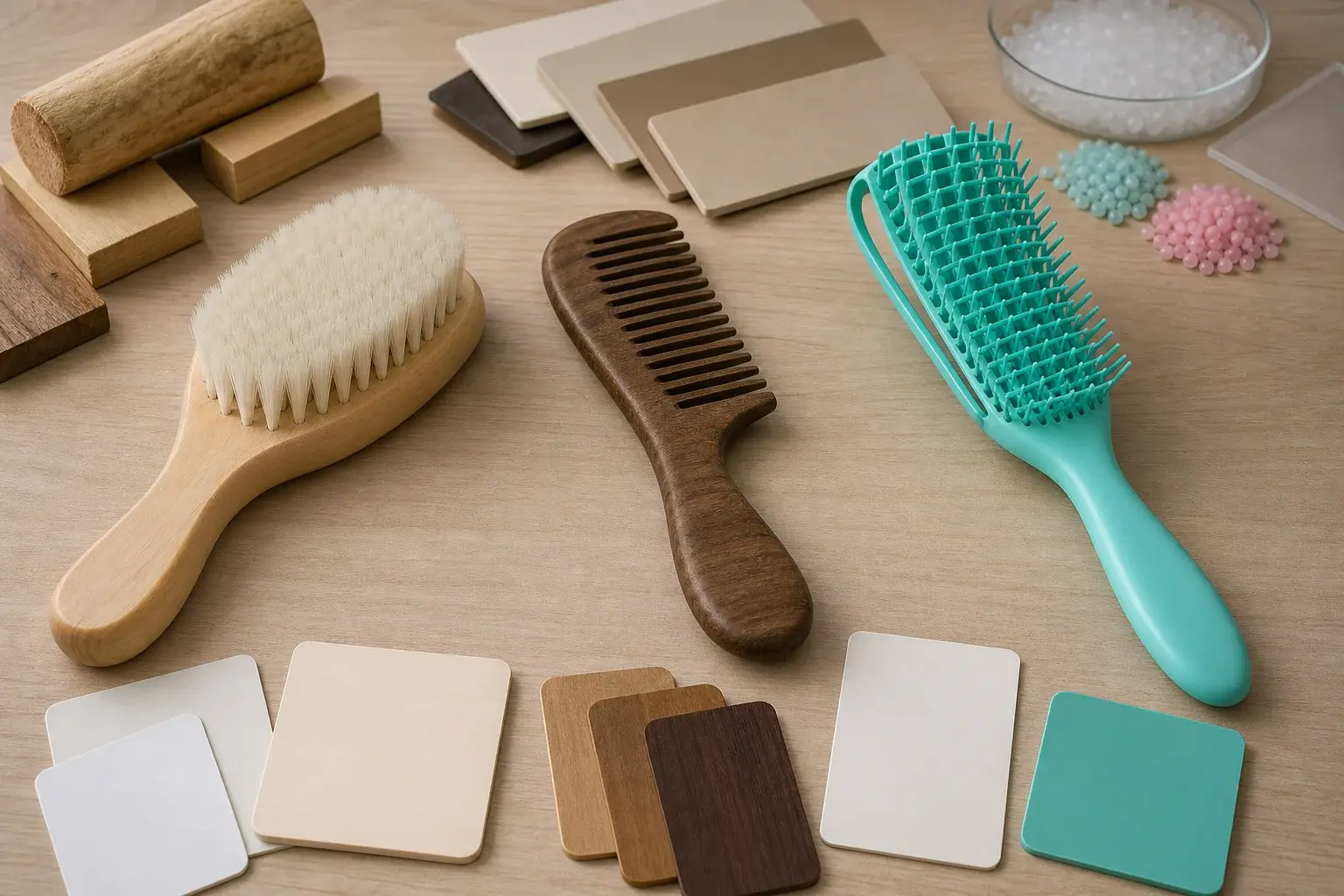 Wood blocks, sheet samples, plastic pellets, a wooden brush, a wood comb and a plastic detangling brush
