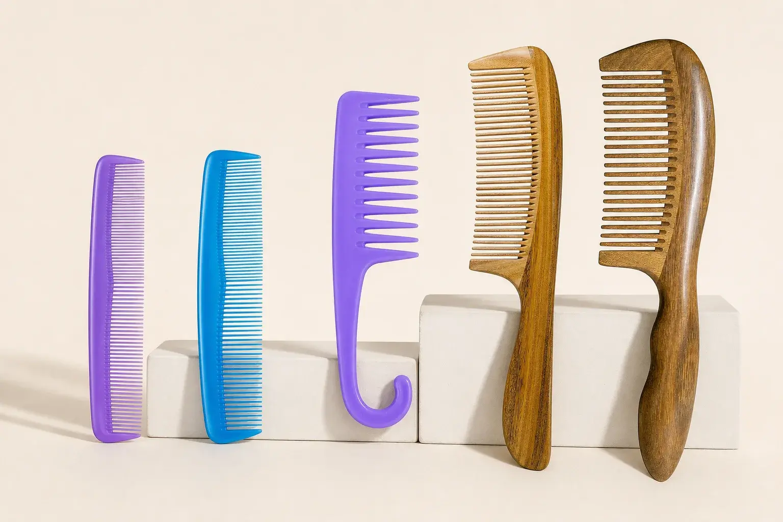 Fine-tooth and wide-tooth combs showing different working-zone lengths and handle formats