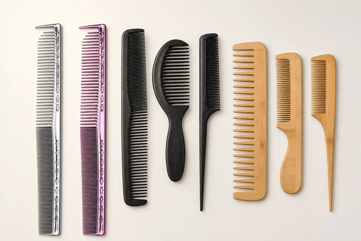 Mixed fine-and-wide tooth zones shown across plastic and bamboo comb formats