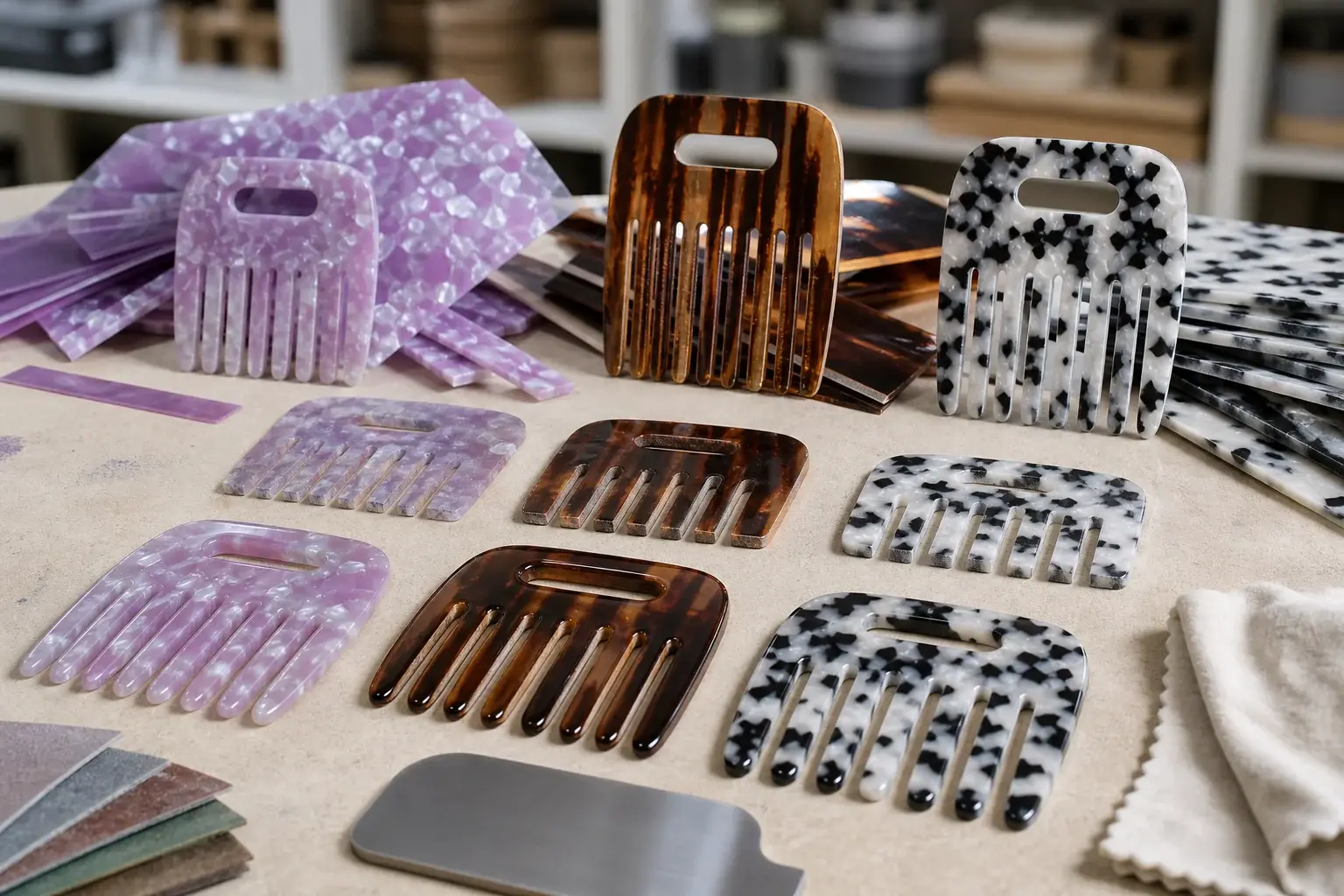 Patterned acetate sheets shown with cut profiles and progressively polished comb samples