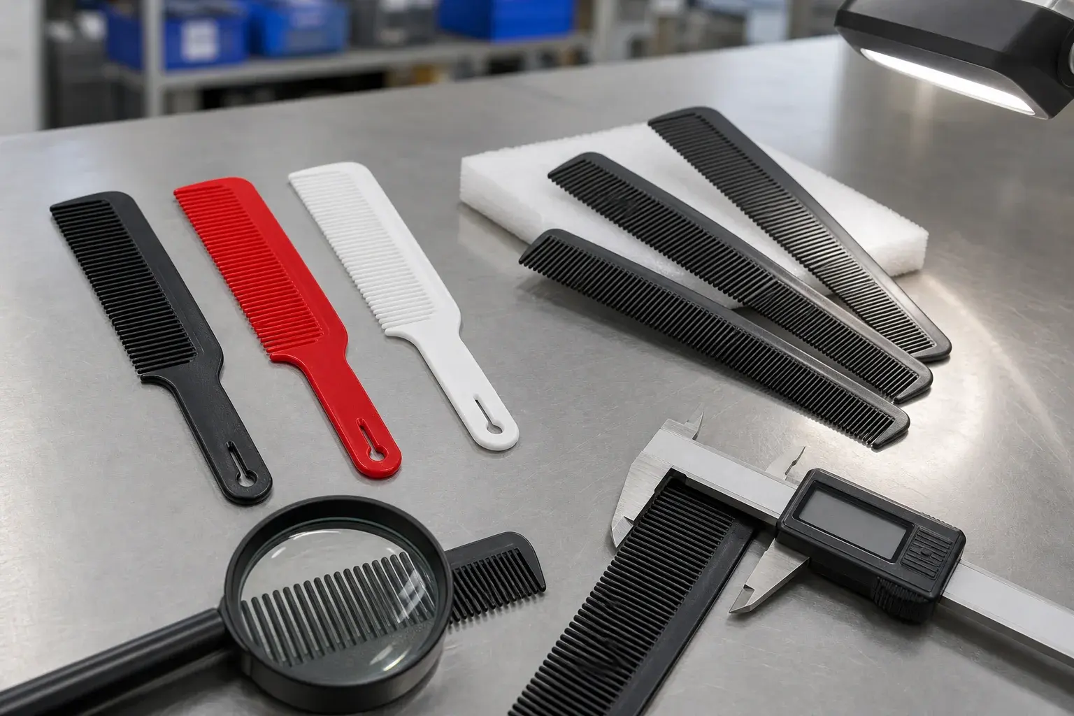 Injection-molded plastic comb samples reviewed with a caliper and close-view magnifier