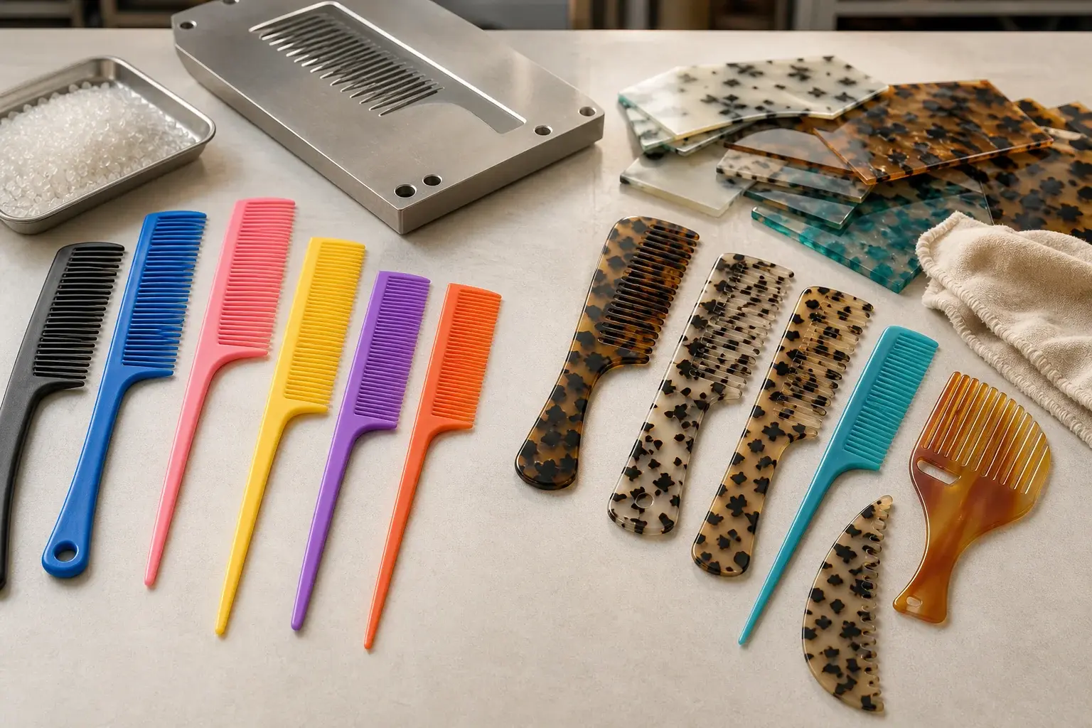 Injection-molded plastic combs beside patterned cellulose acetate sheets and polished combs