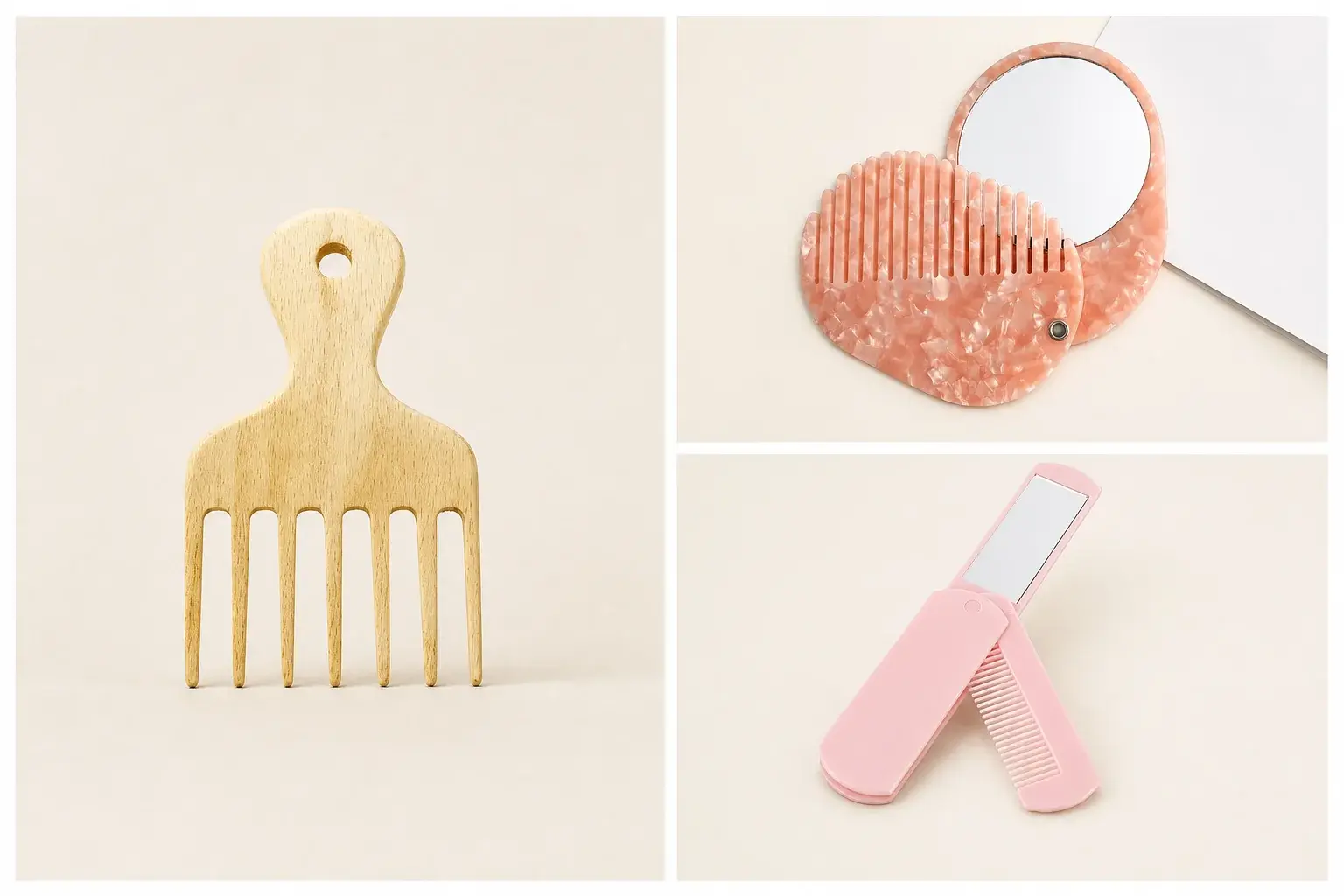 Wooden hair pick and two folding comb concepts illustrating different OEM and ODM development inputs