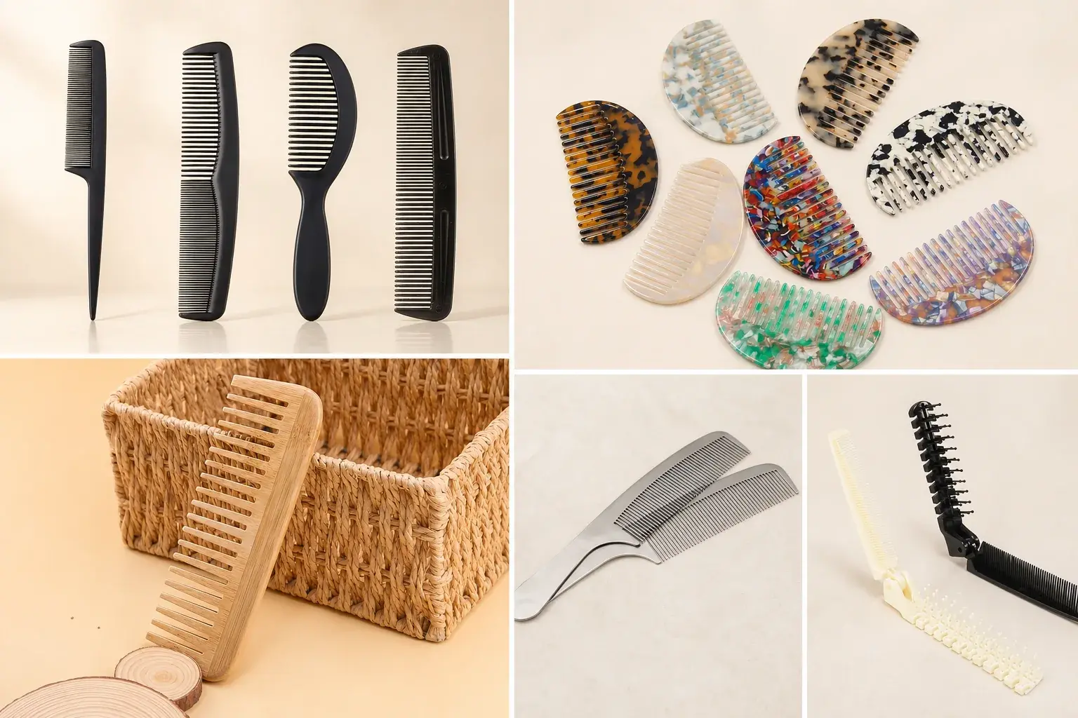Collage of salon, acetate, bamboo, metal, and folding comb options for OEM, ODM, and private label projects