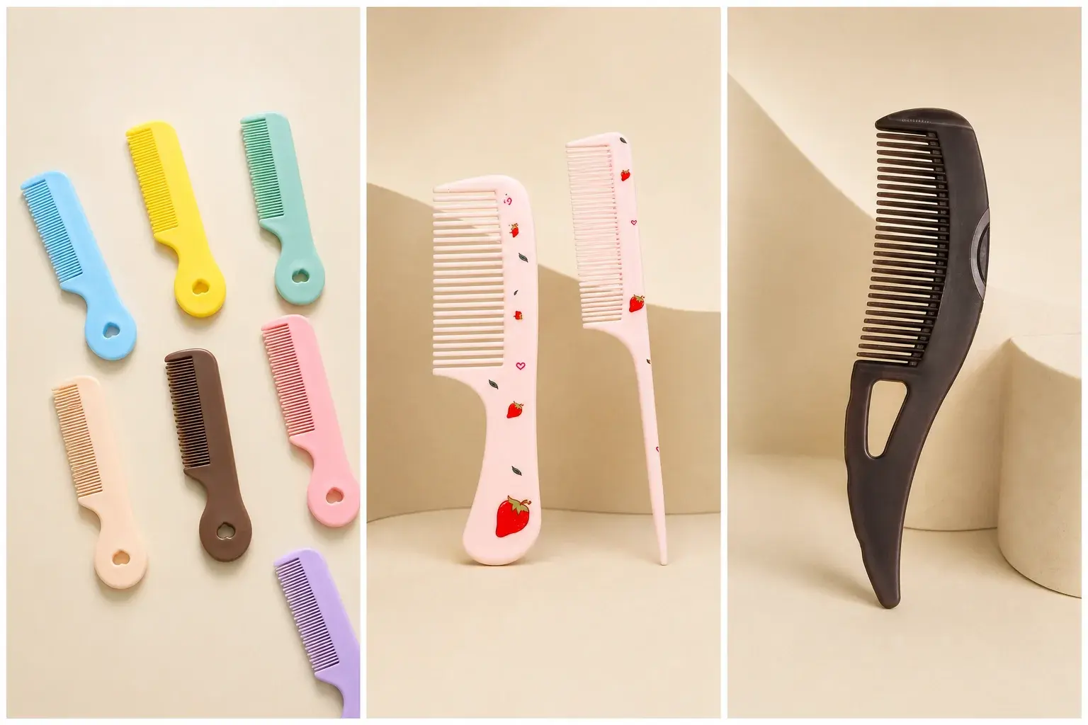 Pastel, printed, and ergonomic comb options showing private label color, decoration, and product selection