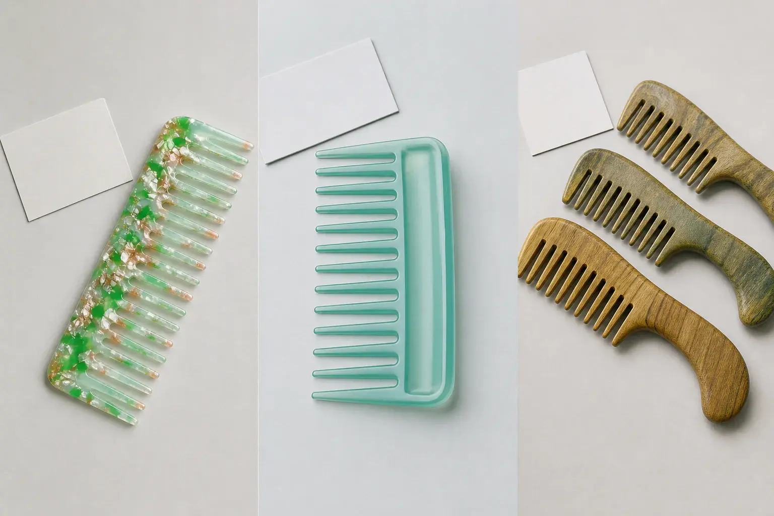 Patterned acetate, transparent plastic and natural wood combs showing different color behavior
