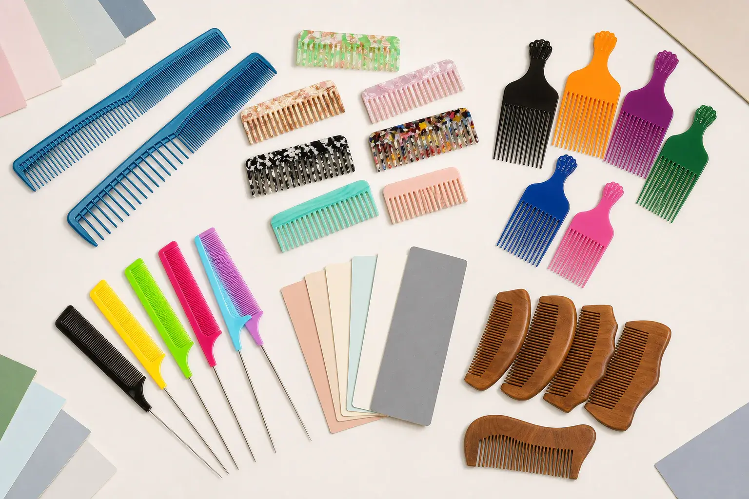 Custom comb color review across solid, transparent, patterned and natural materials