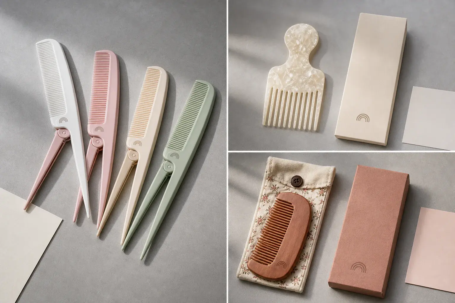 Comb samples reviewed with logo areas, color cards and matching packaging