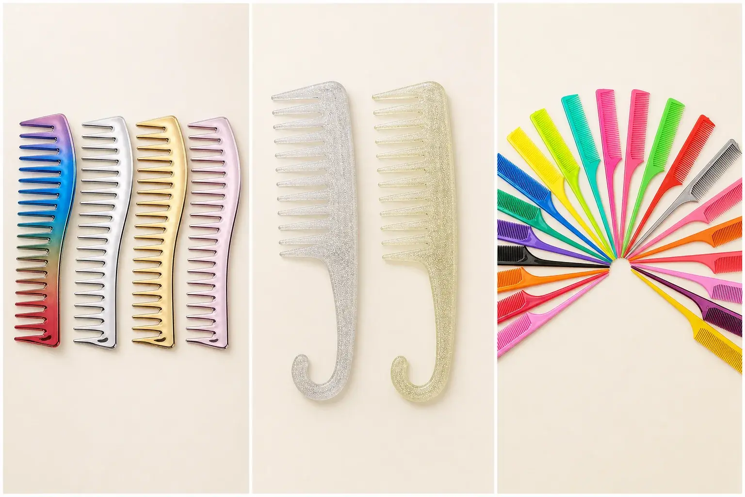 Three-panel plastic comb surface comparison with electroplated, transparent glitter, and solid multicolor finishes