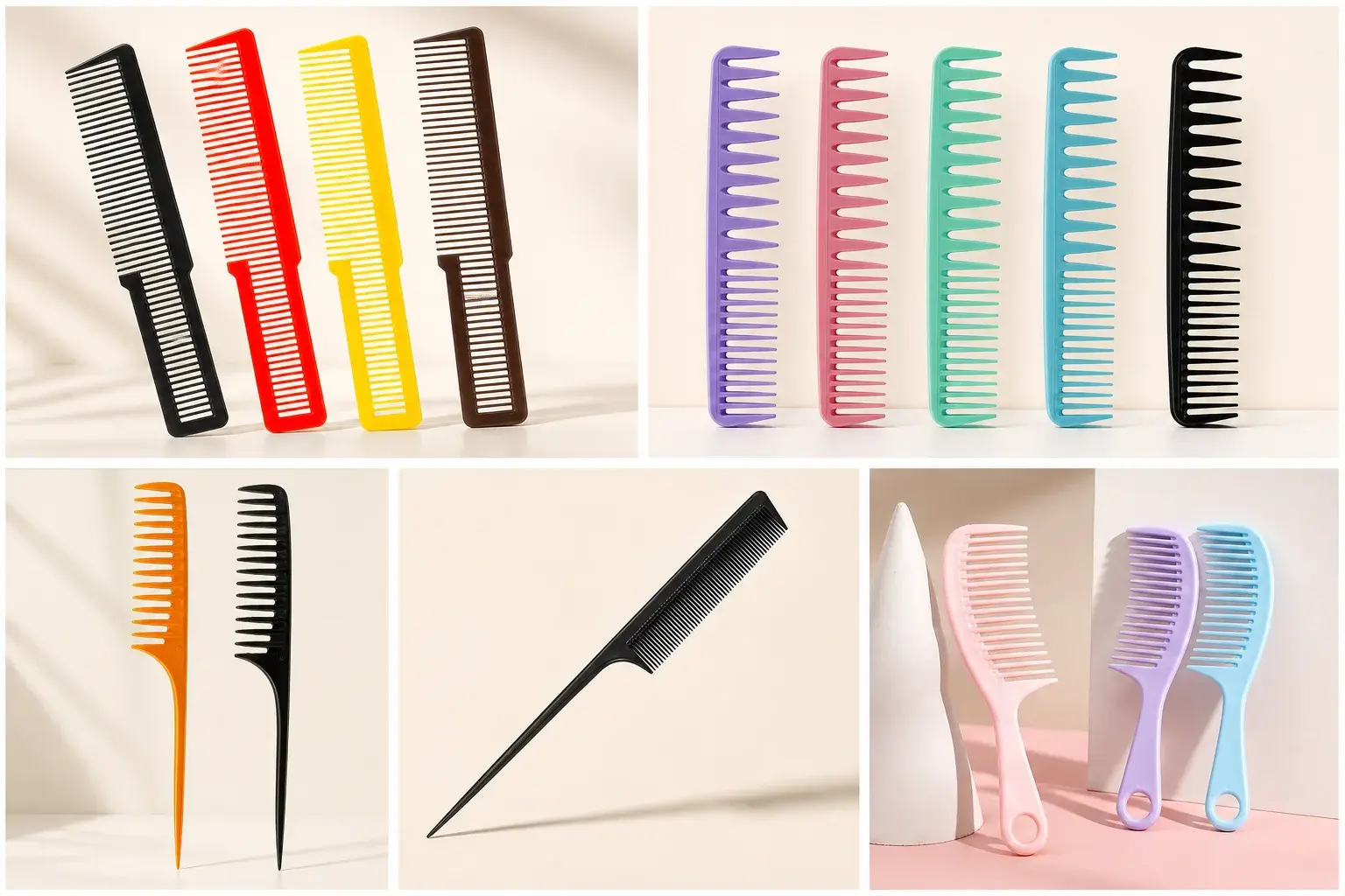 Five-panel collage of solid-color plastic cutting, wide-tooth, and tail comb formats