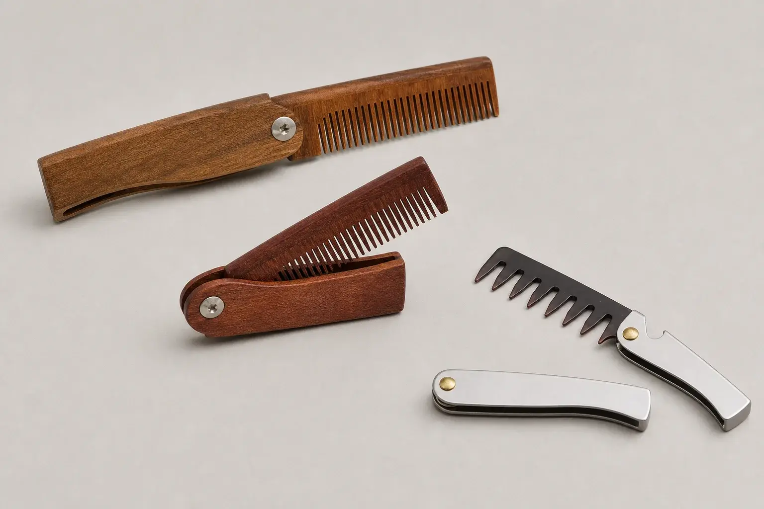 Wood and metal folding combs shown open and partly closed for pivot and tooth-clearance review