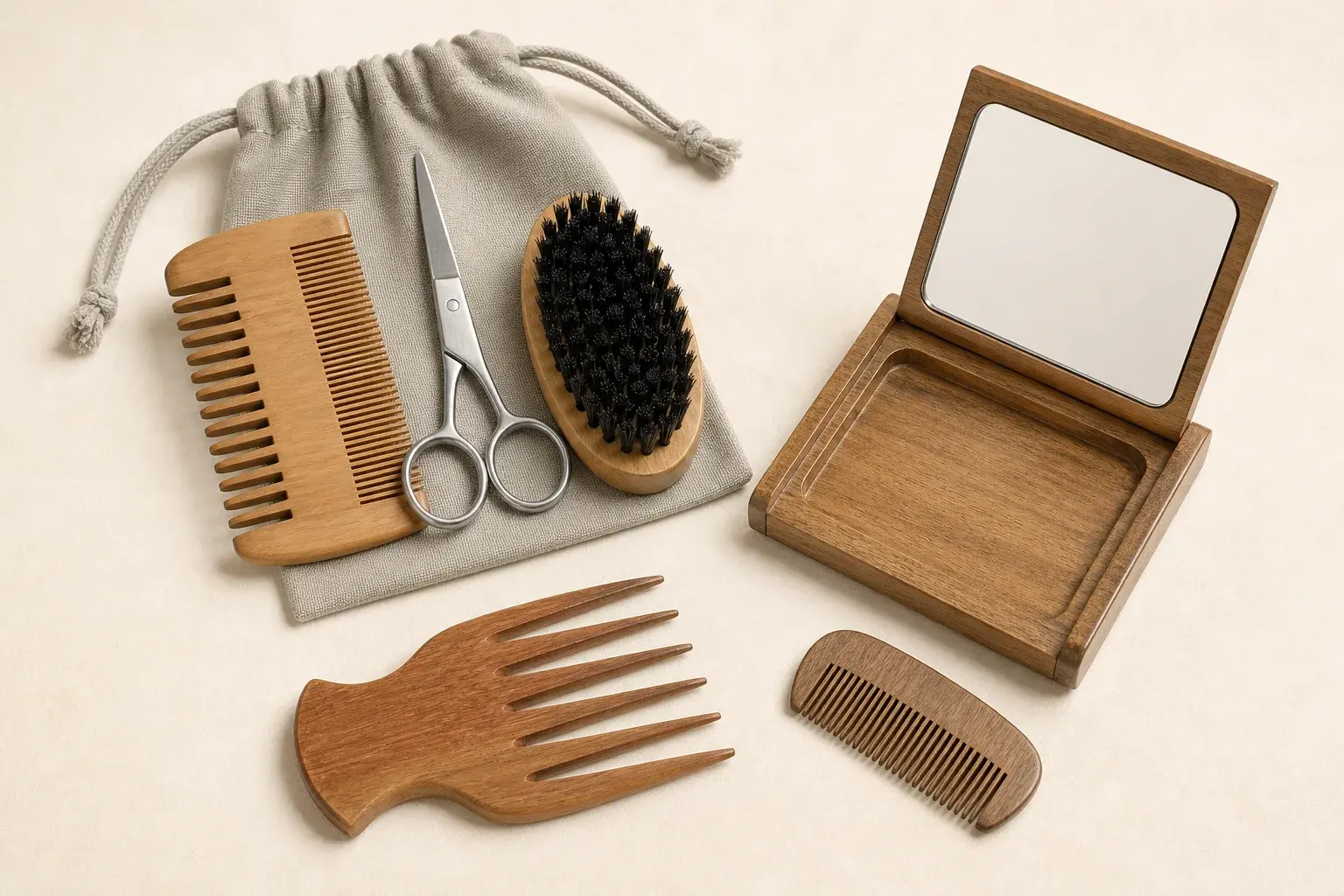 Wooden pocket combs arranged with a travel pouch, grooming accessories, and a compact mirror case