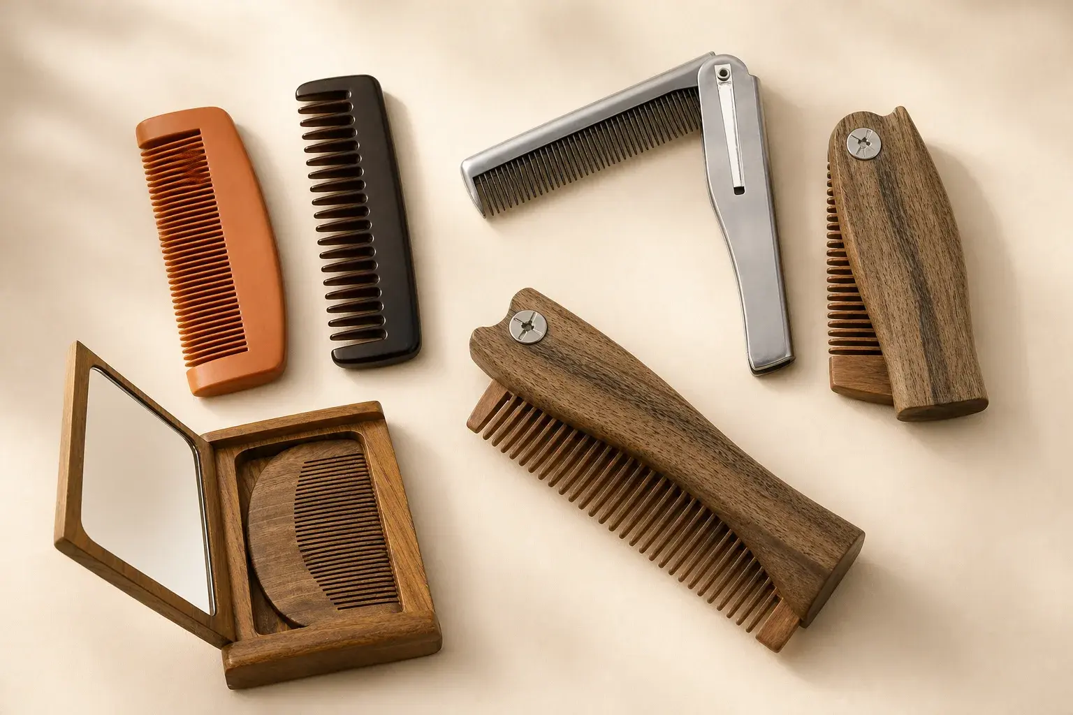 Fixed pocket combs and open and closed folding combs arranged for a branded kit comparison